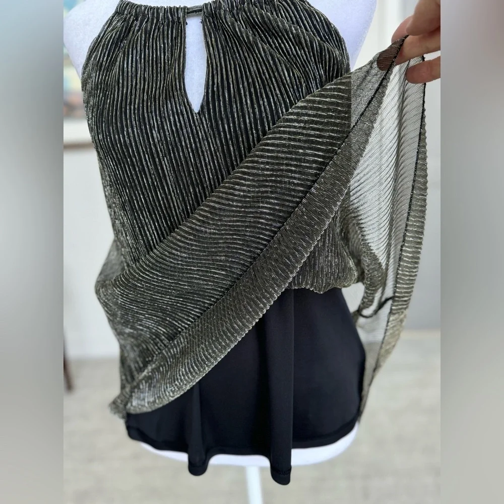 Metallic Black Gold Pleated Halter Top Sheer Overlay Date Night Party XS - Picture 6 of 12